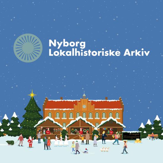 Nyborg Lokalhistoriske Arkivs logo svævende over julemarkedet i Nyborg.