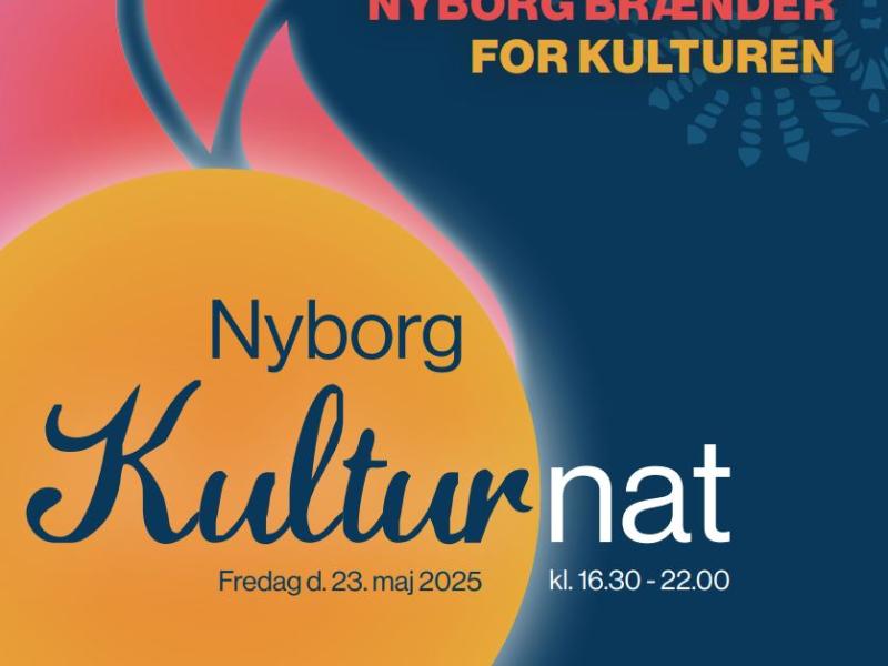 Logobillede for Nyborg Kulturnat med teksten: Nyborg Brænder for kulturen. Nyborg Kulturnat fredag d. 23. maj kl. 16.30-22.00.