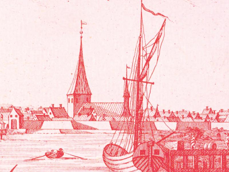 Forsidebillede fra Nyborg - Før og Nu. Prospekt fra Pontoppidans "Den Danske Atlas" 1764 forestillende et træskib med Nyborg i baggrunden.