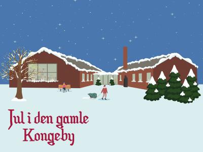 Jul i den gamle Kongeby. Illustration af Nyborg Bibliotek dækket af sne.