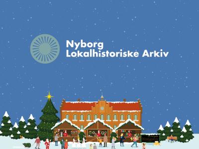 Nyborg Lokalhistoriske Arkivs logo svævende over julemarkedet i Nyborg.