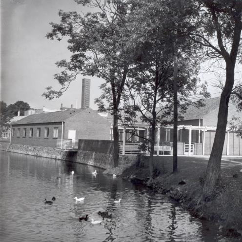 Nyborg Bibliotek i de smukke omgivelser med voldgraven, fuglene og haven.