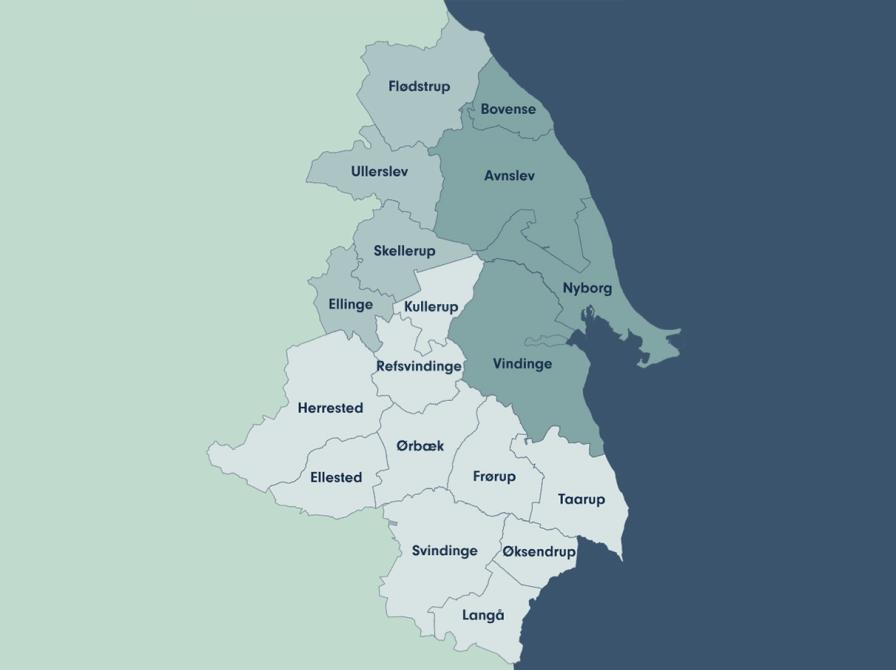 Kort over de forskellige sovne i Nyborg Kommune, for at vise hvilke sovne der dækkes af hvilket lokalarkiv.