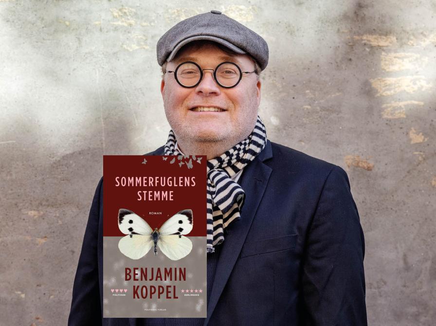 Portrætbillede af Benjamin Koppel med bogforsiden til "Sommerfuglens sang".